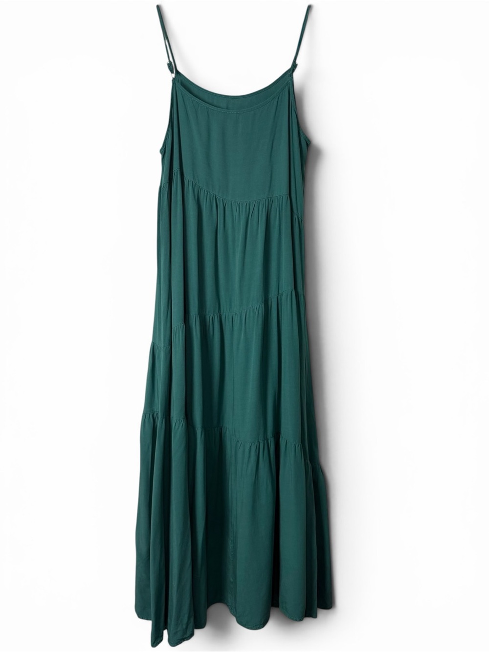 Boho Cottagecore Tiered Maxi Dress Emerald Green Flowy Adjustable Straps L